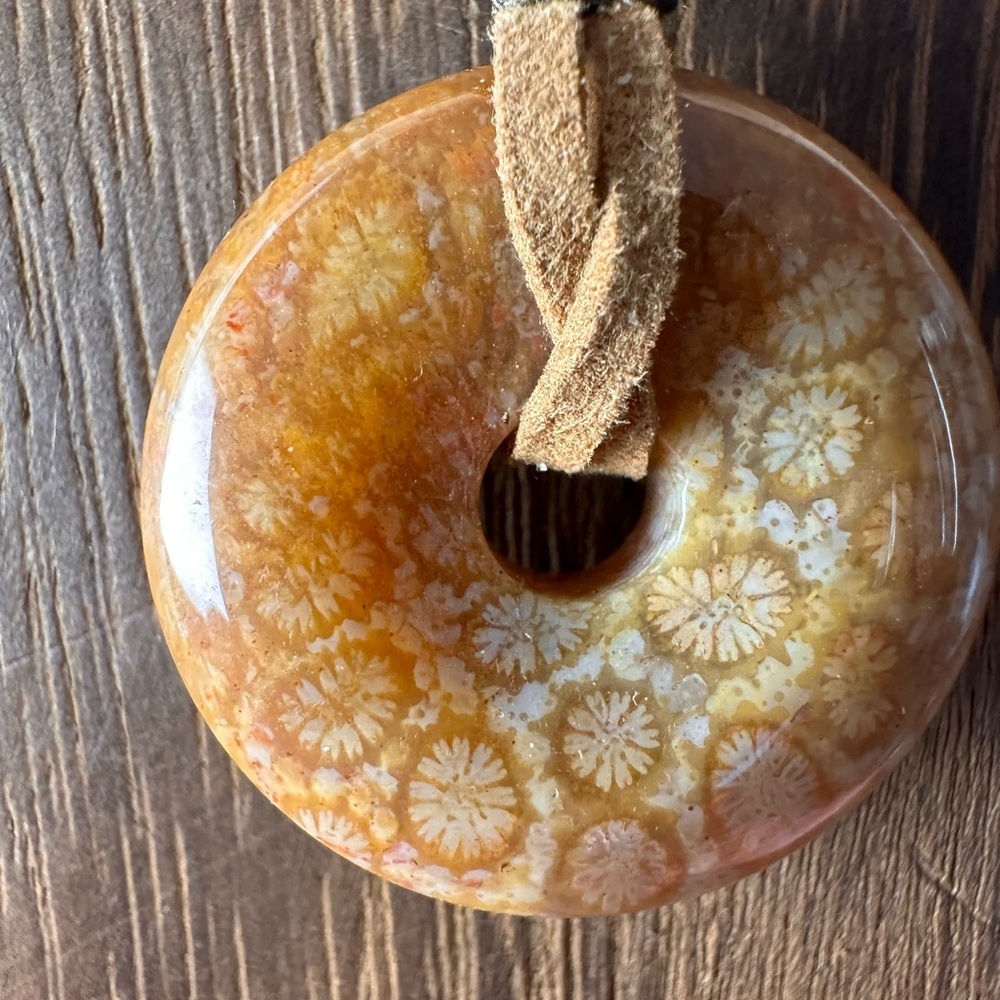 Yellow Golden Coral Fossil Donut Pendant Choker on Brown Faux Suede - Picture 9 of 11